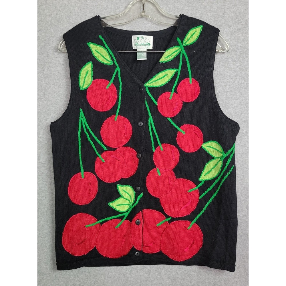 Quacker Factory Womens Black Cherry Embroidered Button Front Knit Sweater Vest M